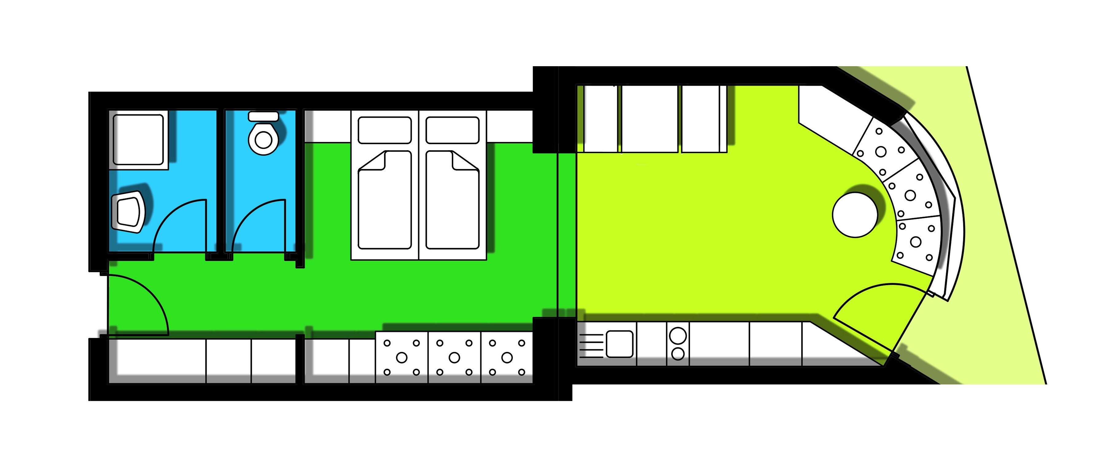 Plano de planta que muestra una cocina, un comedor y un baño.