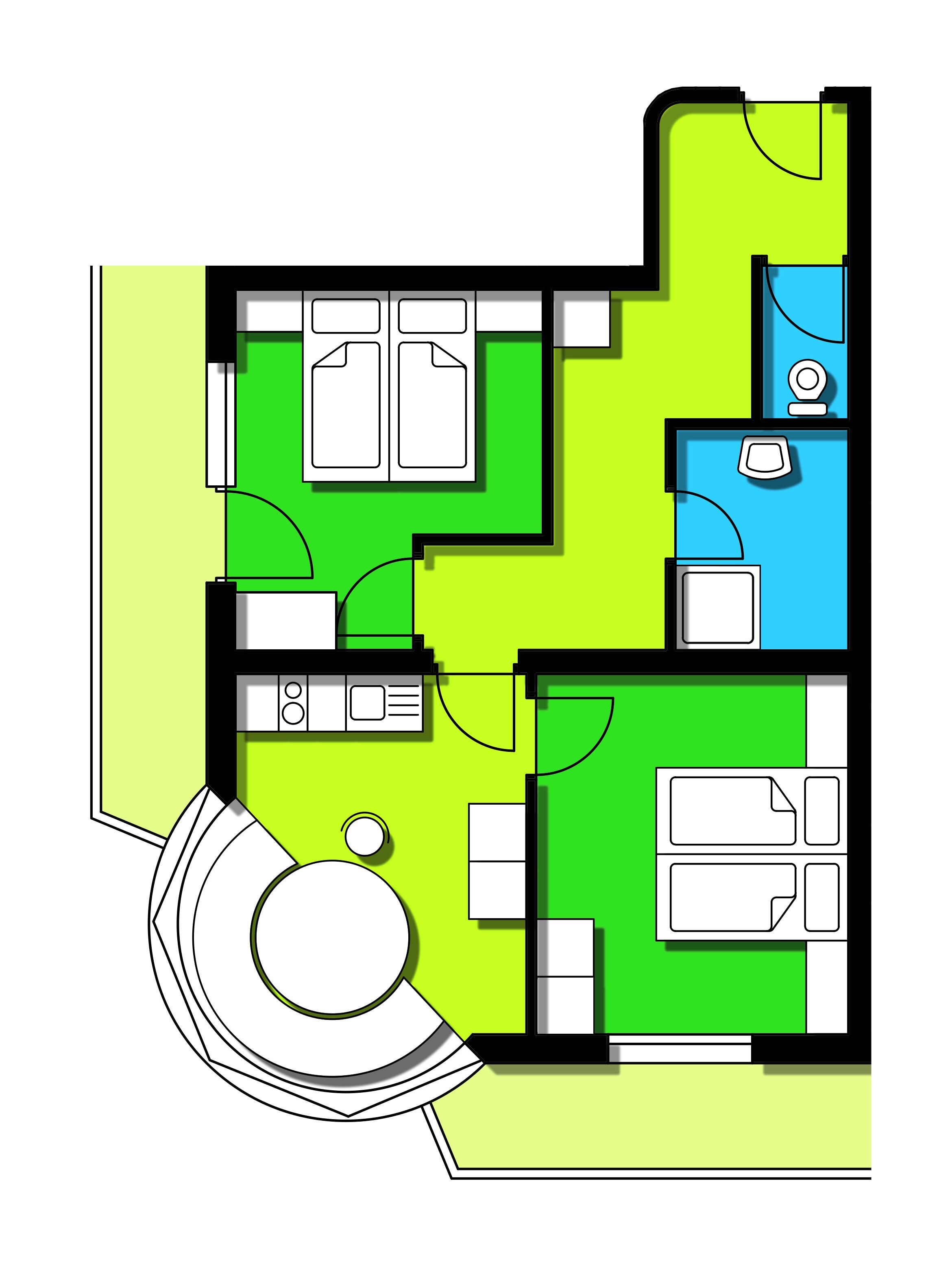 A floor plan with a kitchen, dining area, two bedrooms, a bathroom, and a circular outdoor area.