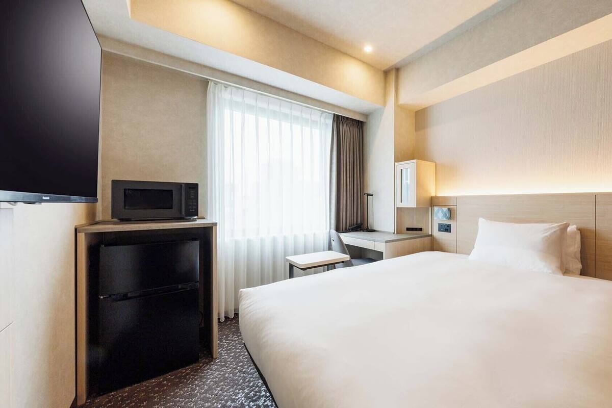 A hotel room with a bed, a desk, a television, a microwave, and a wardrobe.