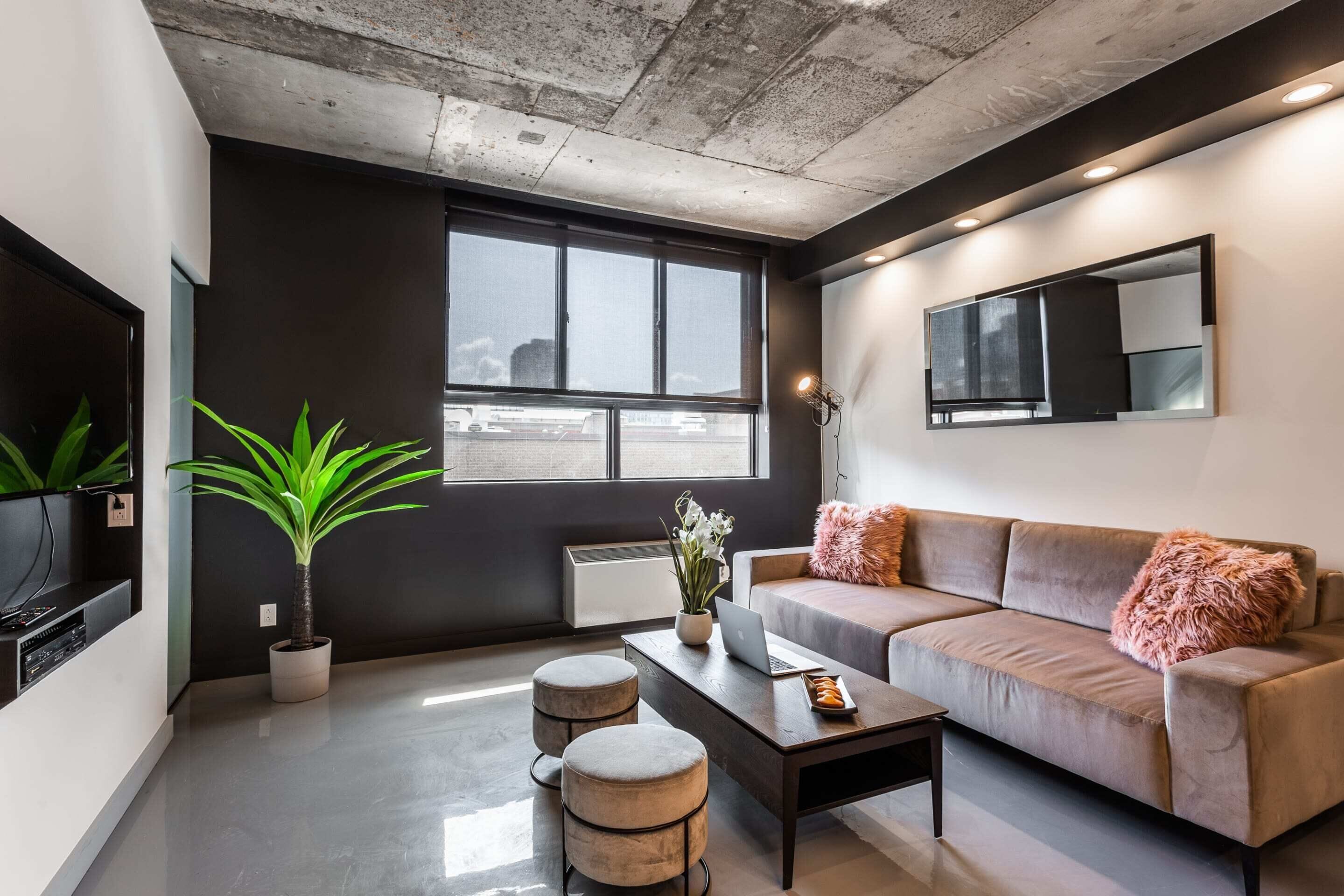 A modern living room with a sofa, coffee table, and potted plants.
