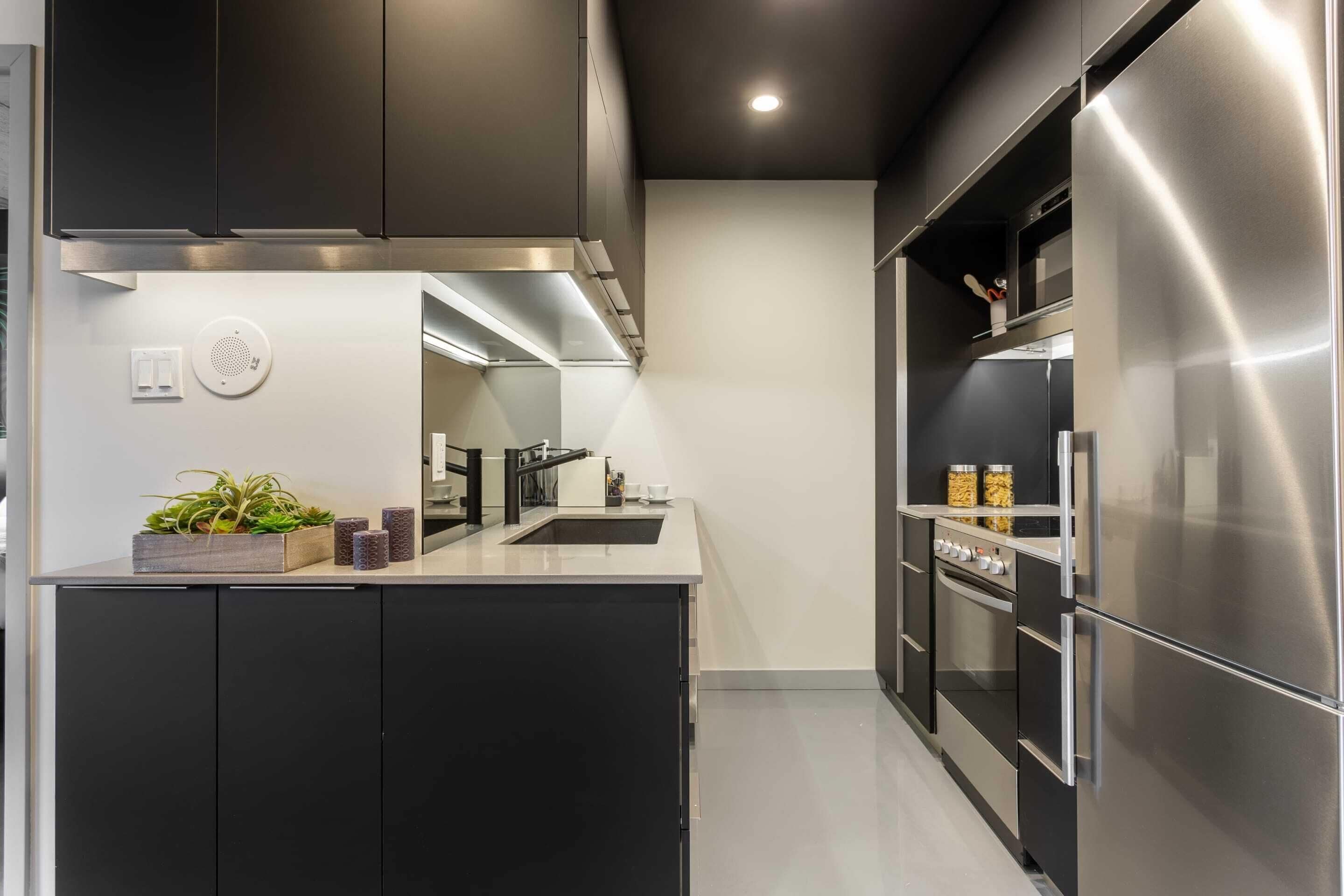 A modern kitchen with black cabinets, stainless steel appliances, and a white countertop.
