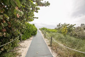 A paved pathway bordered by dense foliage and a rope fence, leading towards a distant building. - Apartment on the Beach (Miami Beach)