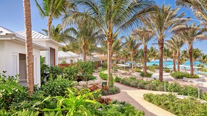 Un resort con palmeras, un camino y una zona de piscina.