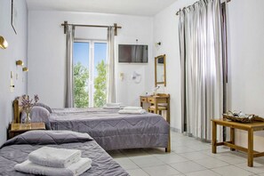 A hotel room with two beds, a TV, a mirror, and a window with curtains. - Golden Sun Kokkari (Samos)