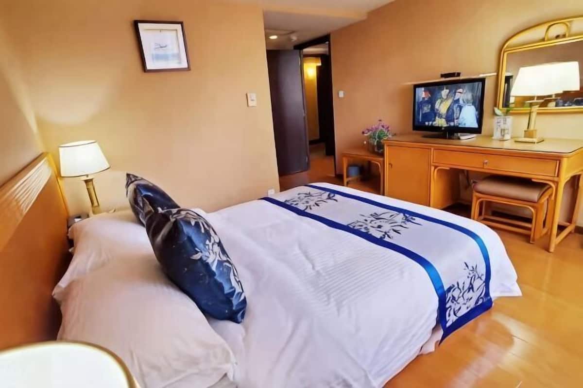 A hotel room with a bed, a desk, a television, and a mirror.