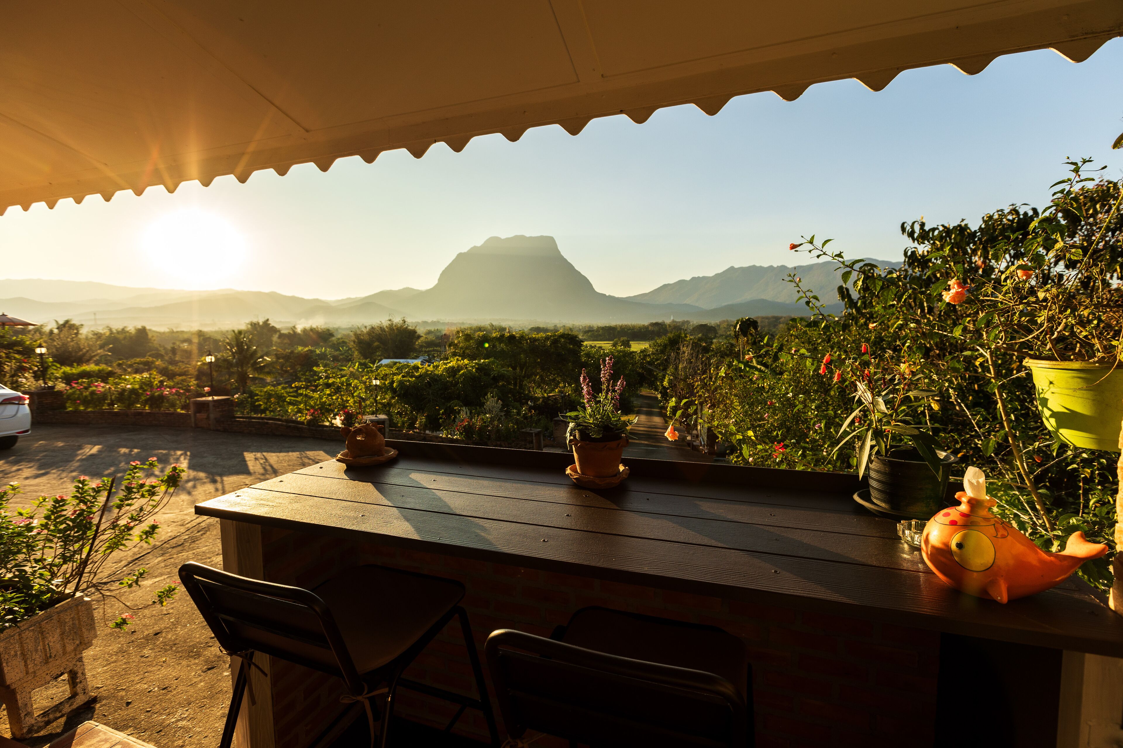 A patio with a wooden table and chairs, potted plants, and a view of mountains.