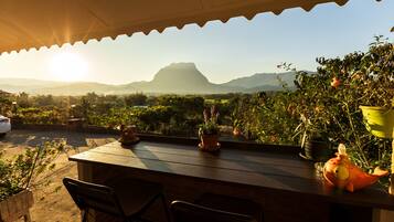 A patio with a wooden table and chairs, potted plants, and a view of mountains.
