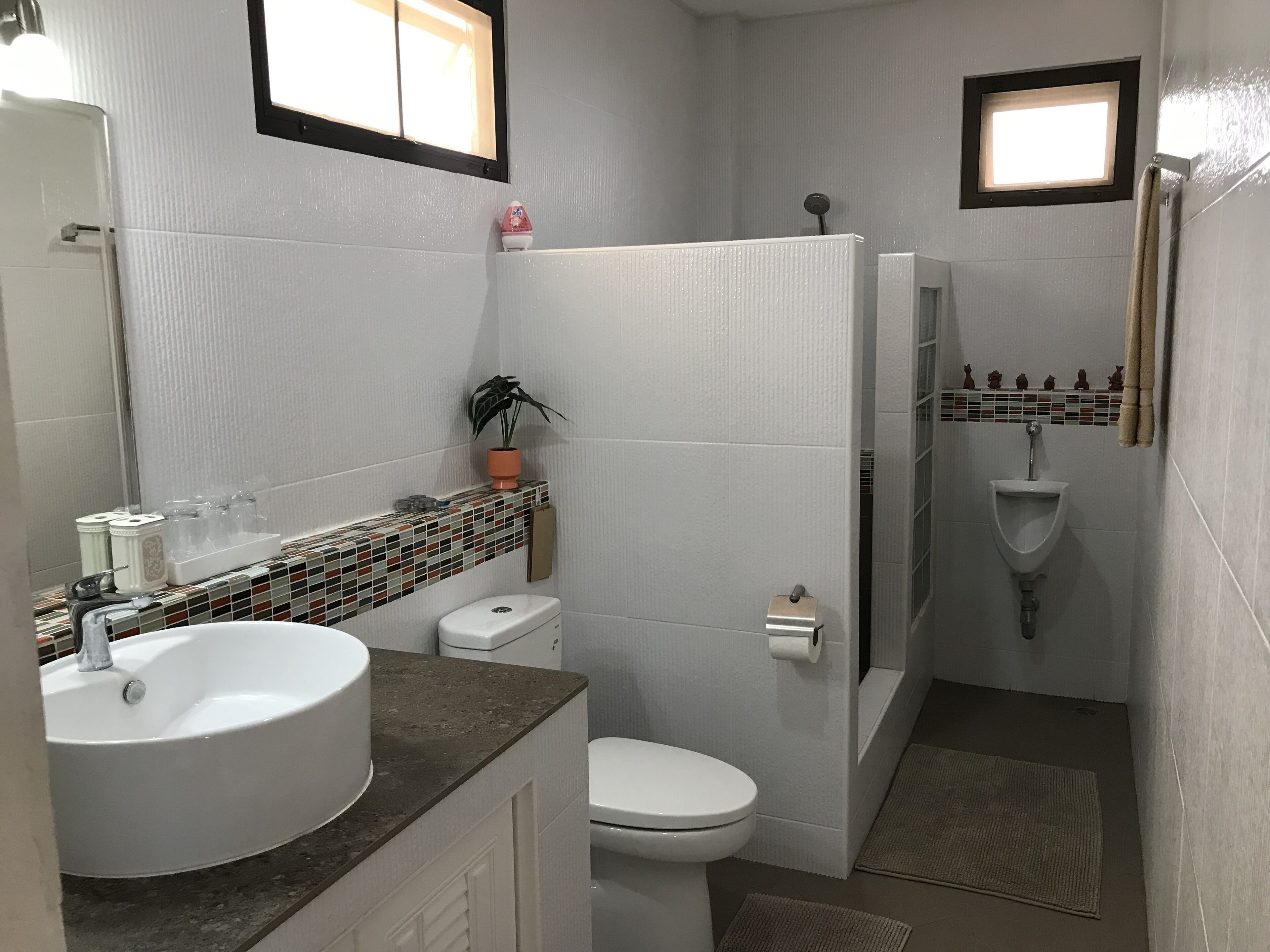 Une salle de bain avec un lavabo, des toilettes et une douche, le tout de couleur blanche. On peut voir une plante en pot sur le comptoir et un porte-serviettes fixé au mur.