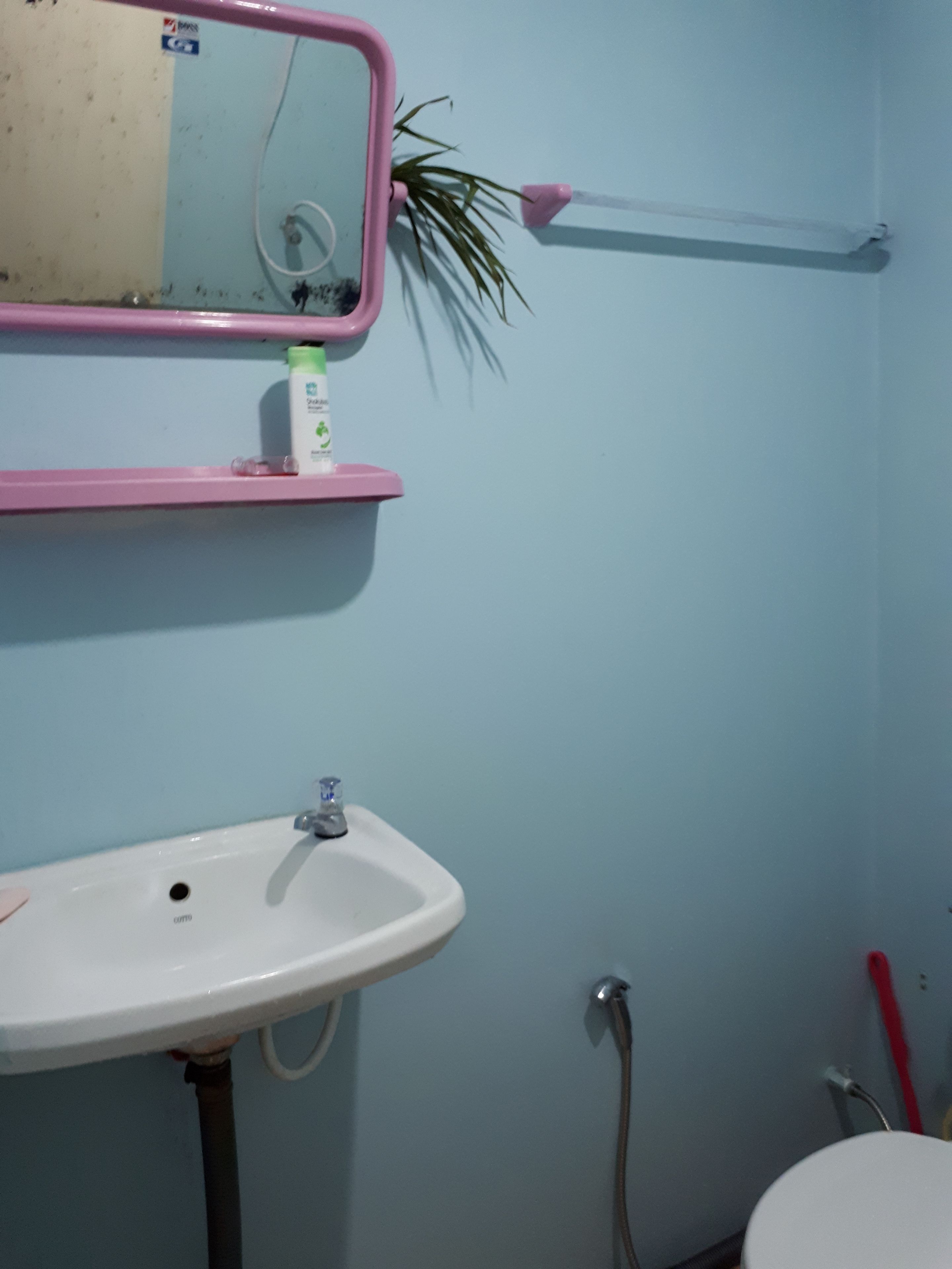 Ein Badezimmer mit Waschbecken, Spiegel und Toilette.