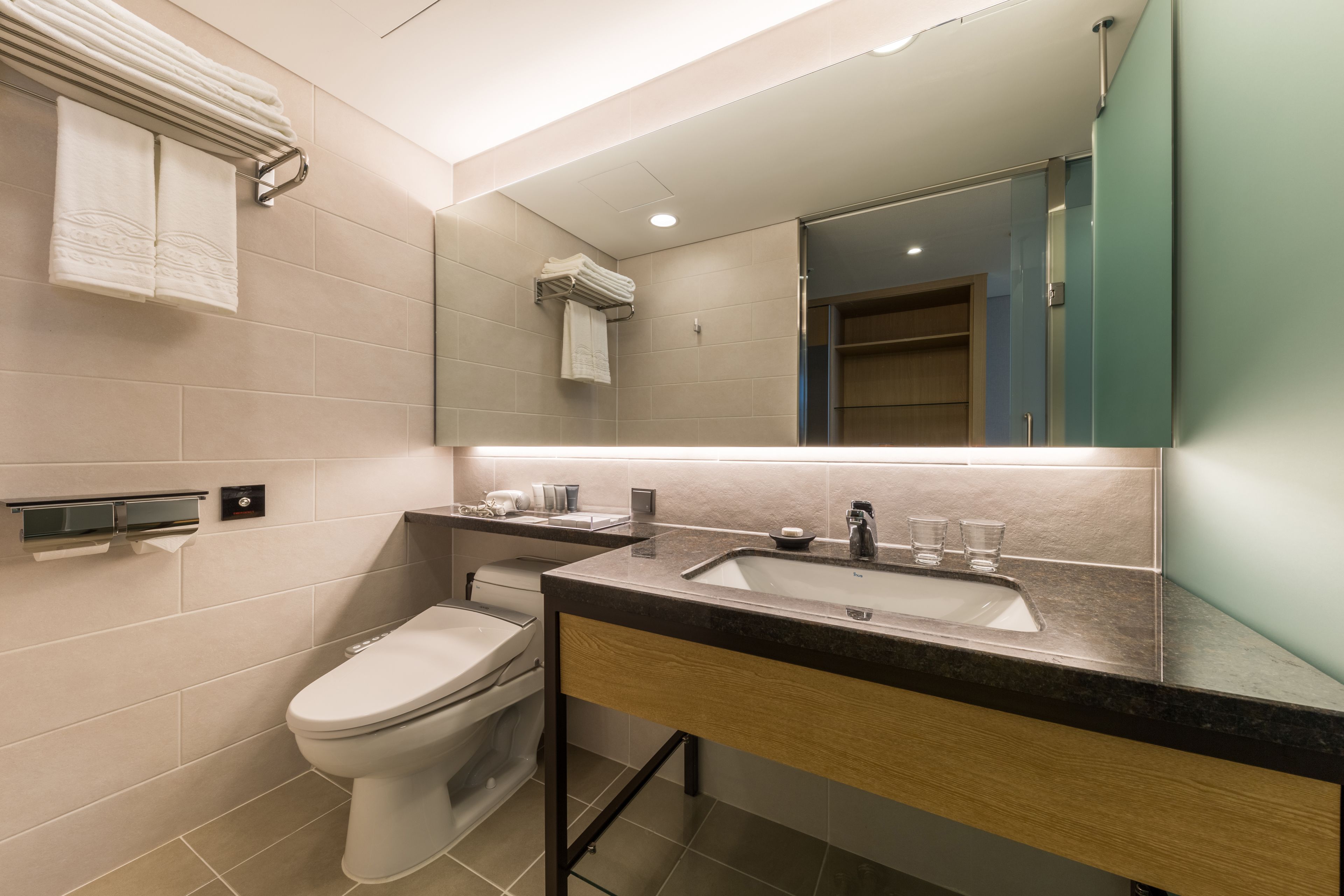 shower, rainfall showerhead, hair dryer, bathrobes