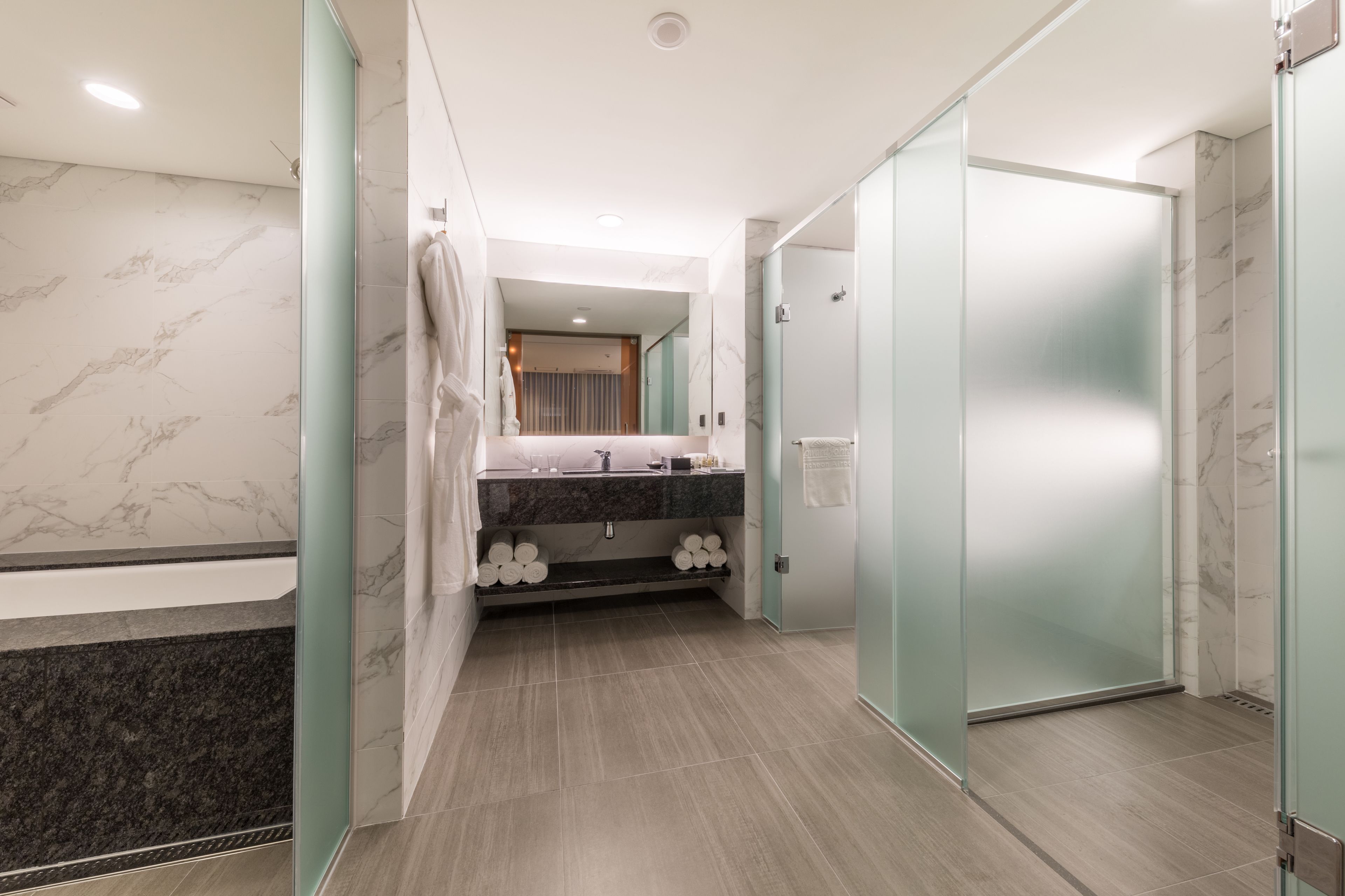 shower, rainfall showerhead, hair dryer, bathrobes