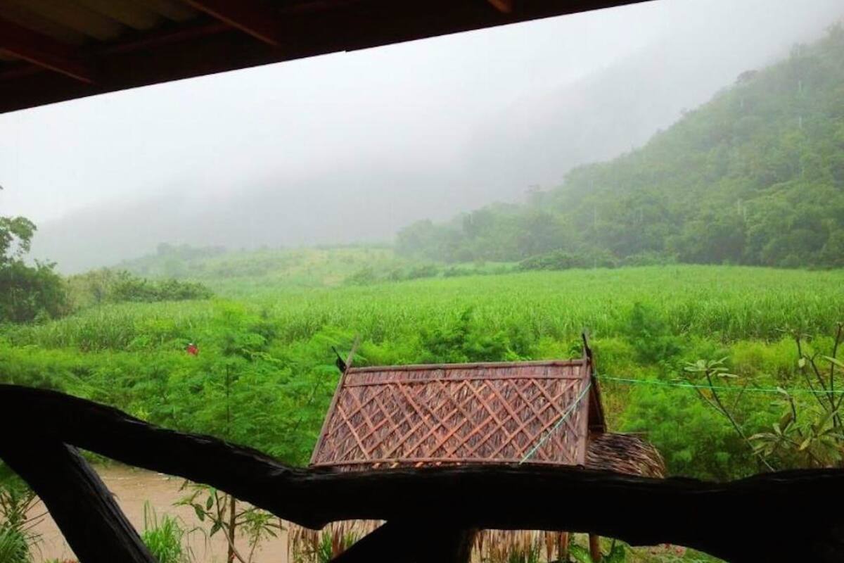 A traditional thatched-roof structure with a lattice design, surrounded by lush green fields and a forested hill in the background.