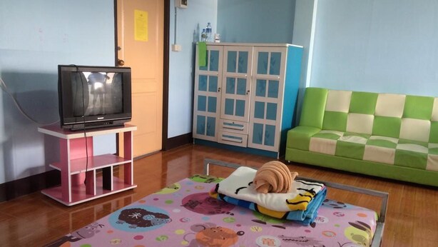 Una sala de estar con un televisor sobre un mueble rosa, un sofá verde y blanco a cuadros y una alfombra colorida con estampados de animales.