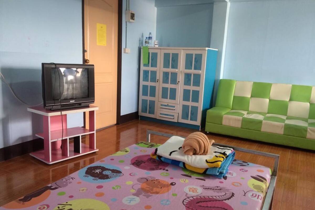 Una sala de estar con un televisor sobre un mueble rosa, un sofá verde y blanco a cuadros y una alfombra colorida con estampados de animales.