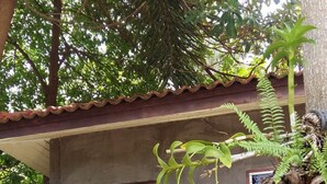 Une maison avec une porte en bois, une petite fenêtre et un escalier menant à l’entrée.