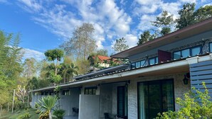 Uma casa moderna com varanda coberta, janelas amplas e um jardim com plantas tropicais.