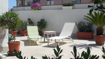 Une terrasse sur le toit, avec deux chaises longues, une petite table et plusieurs plantes en pot.