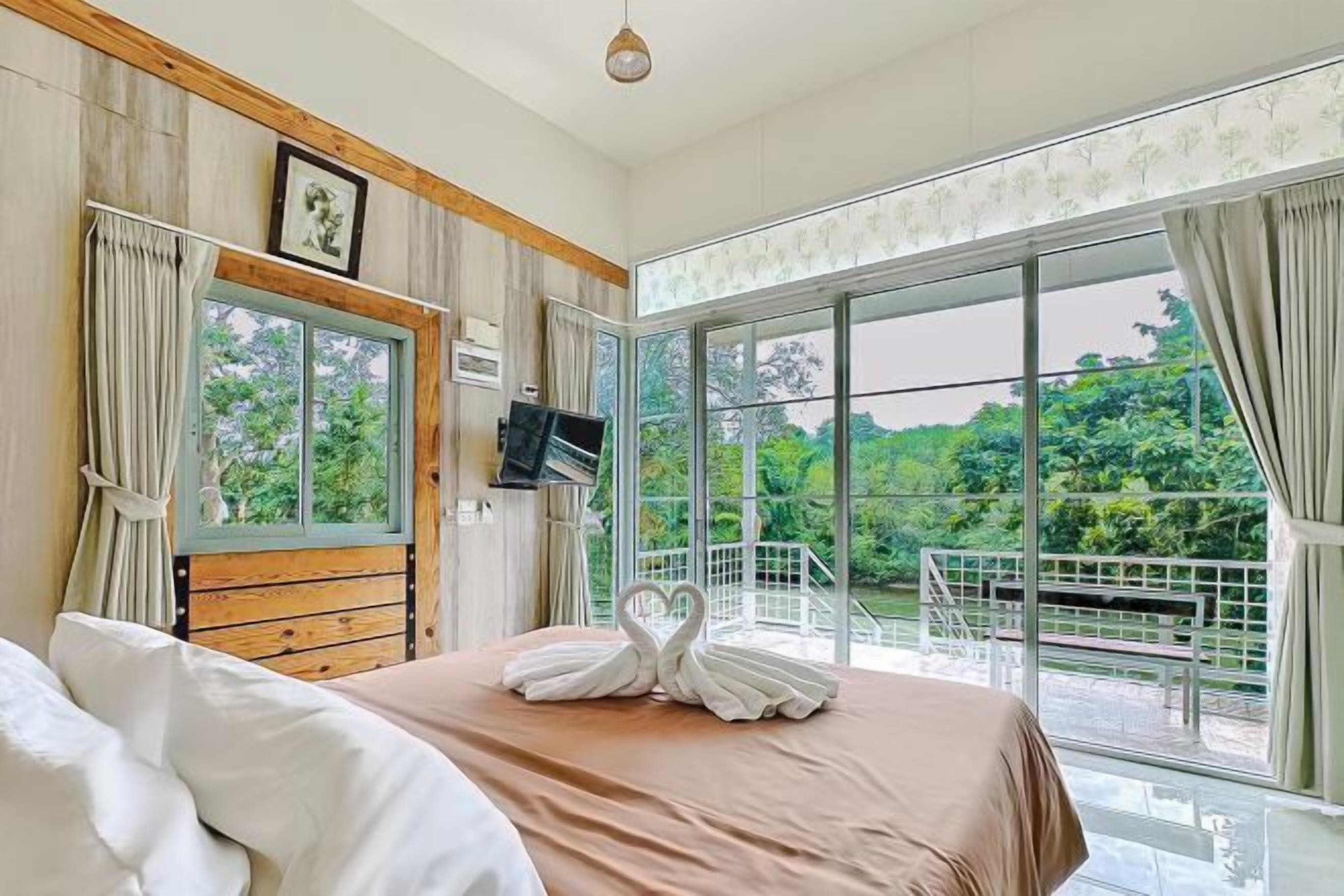 Desk, blackout curtains, bed sheets