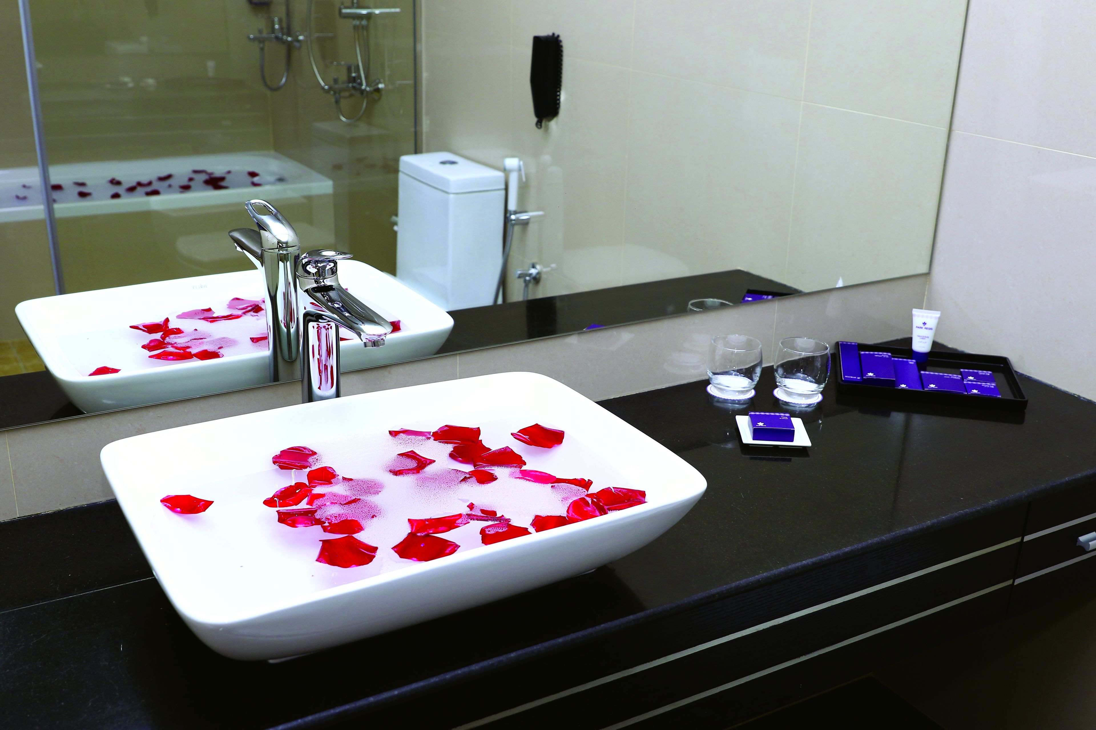 Combined shower/tub, deep soaking tub, free toiletries, hair dryer