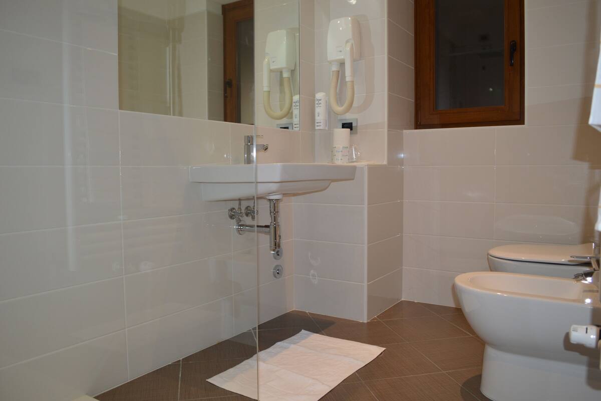 free toiletries, hair dryer, bidet, towels