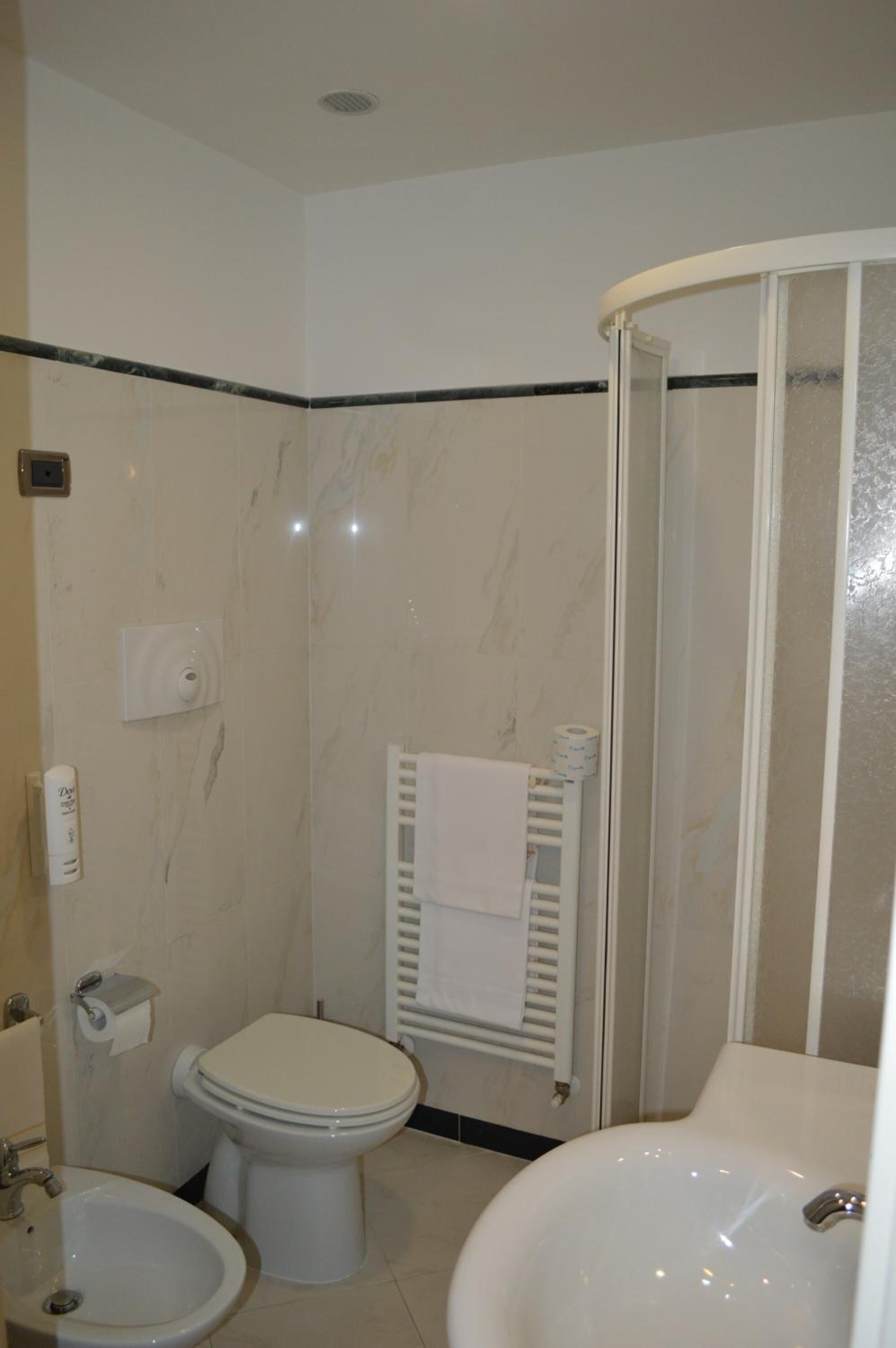 free toiletries, hair dryer, bidet, towels