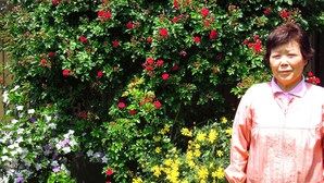 Una persona de pie frente a un jardín con diversas flores y arbustos.