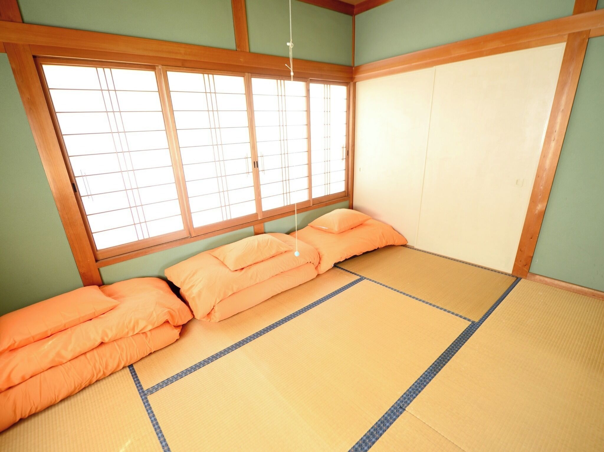 A tatami mat room with a futon bed, sliding doors, and a view through a shoji screen window.