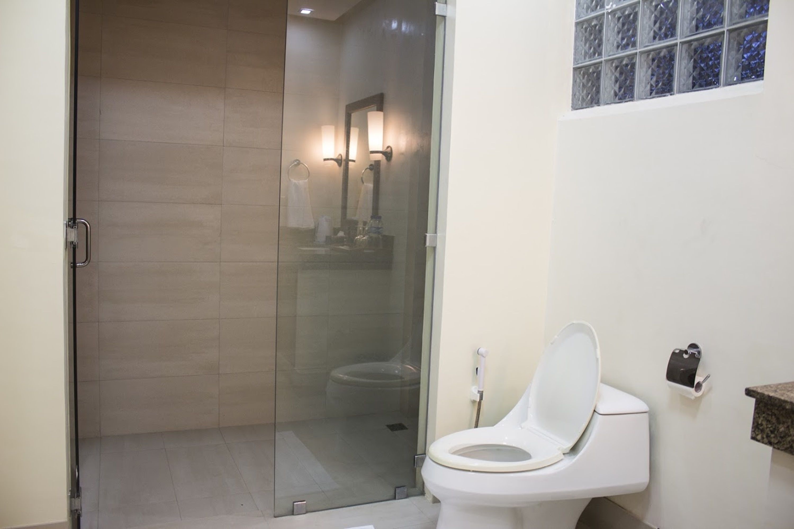 A bathroom with a glass-enclosed shower, a toilet, and a sink with a mirror.