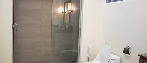 A bathroom with a glass-enclosed shower, a toilet, and a sink with a mirror.