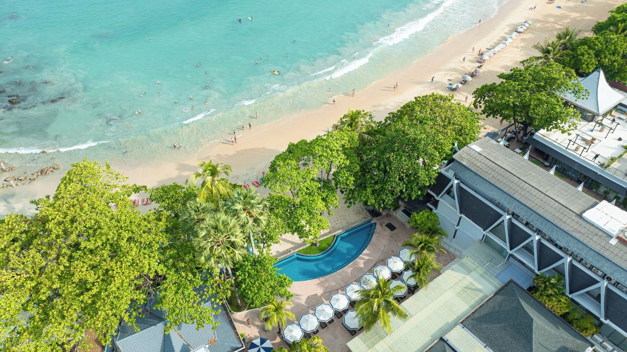 Un resort con piscina, playa y palmeras.