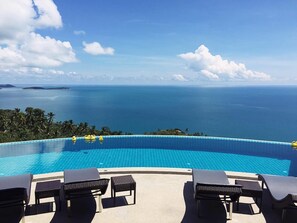 An infinity pool with a view of the ocean and palm trees.