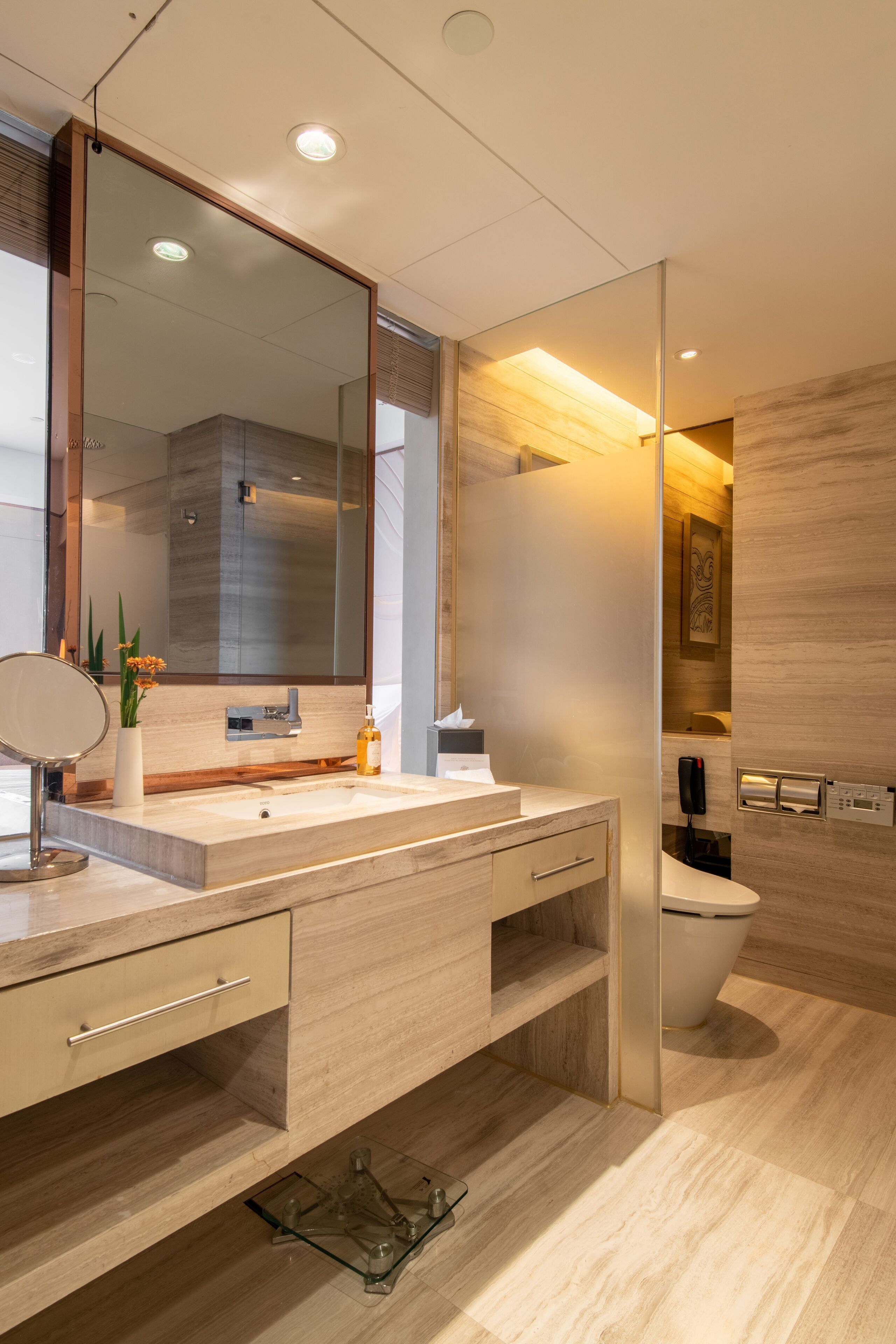 separate bathtub and shower, free toiletries, hair dryer, bathrobes