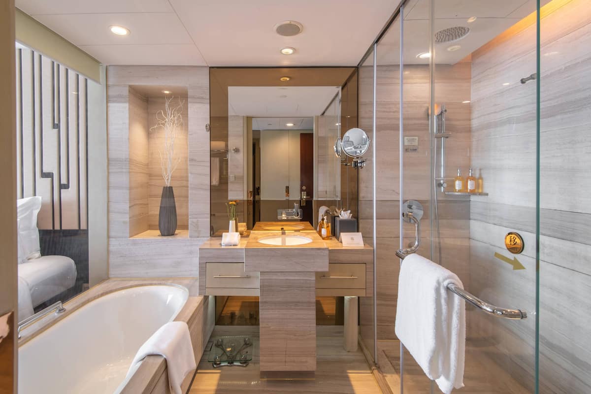 separate bathtub and shower, free toiletries, hair dryer, bathrobes