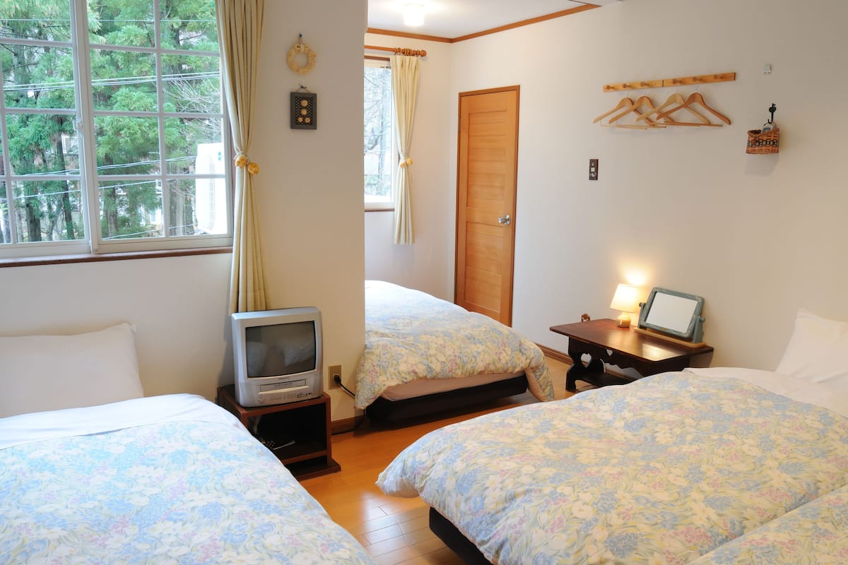 A room with two beds, a television, a window with curtains, and a wooden door.