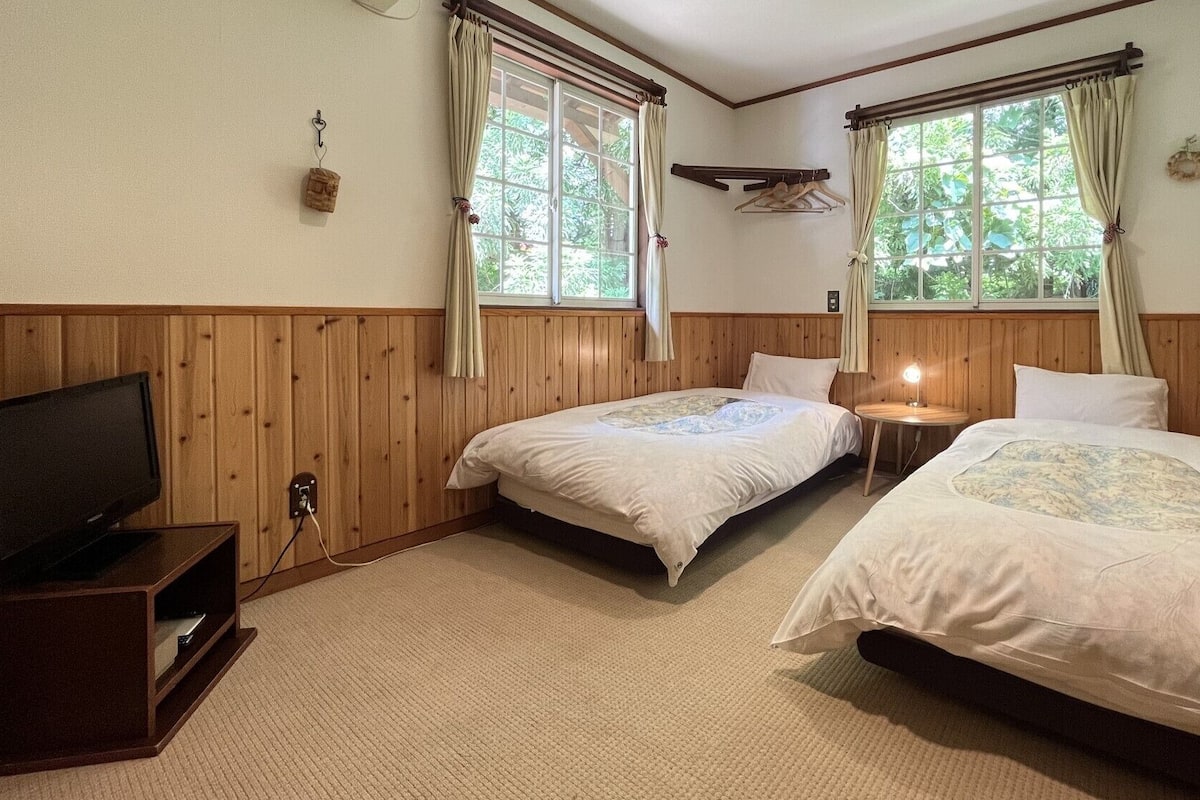A room with two beds, a TV, and a small table with a lamp.