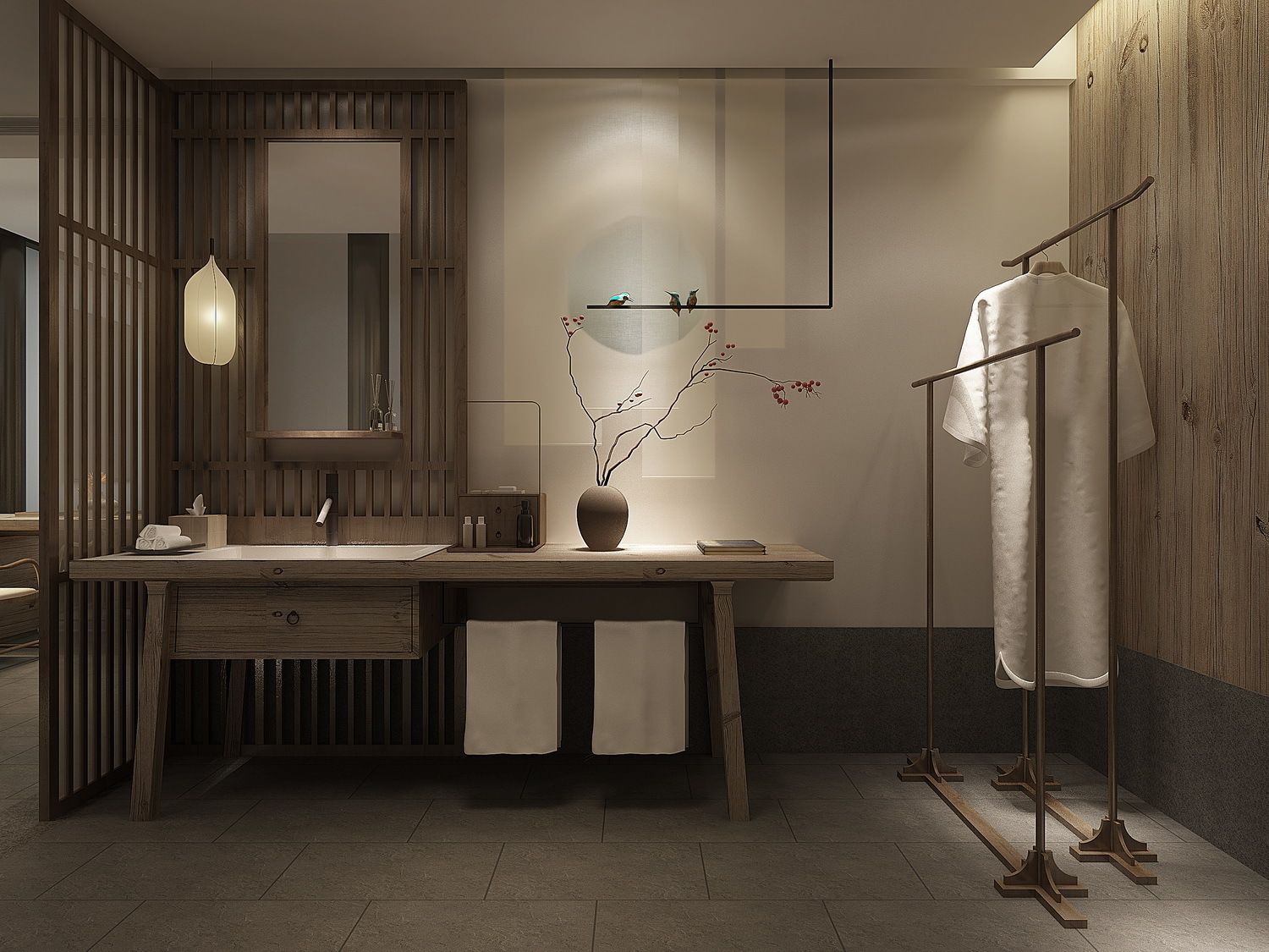 Un baño moderno con tocador de madera, un espejo grande, una lámpara colgante y un perchero para toallas.