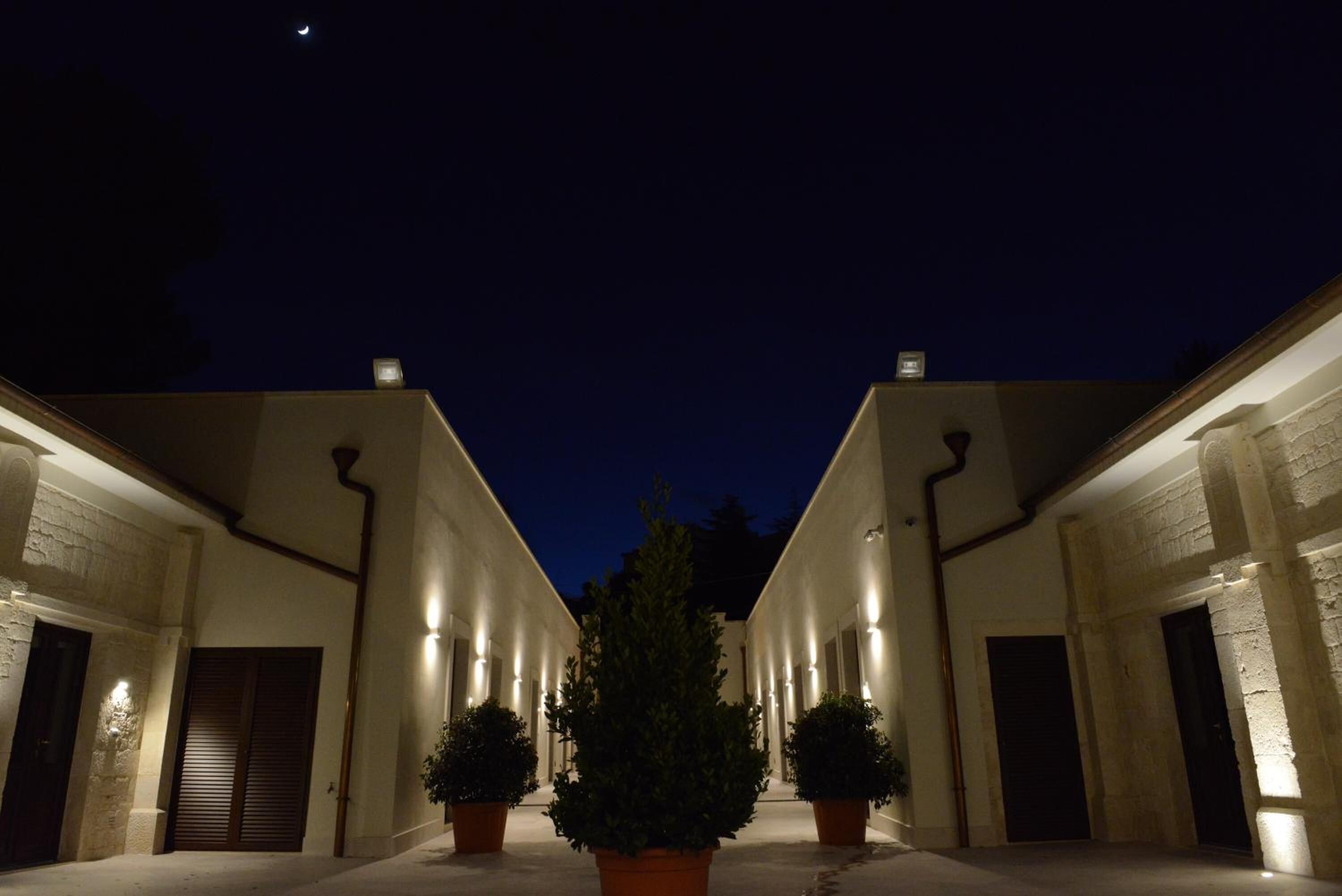 Una vista nocturna de un edificio con fachada simétrica, iluminado por focos y un árbol de hoja perenne en el centro.