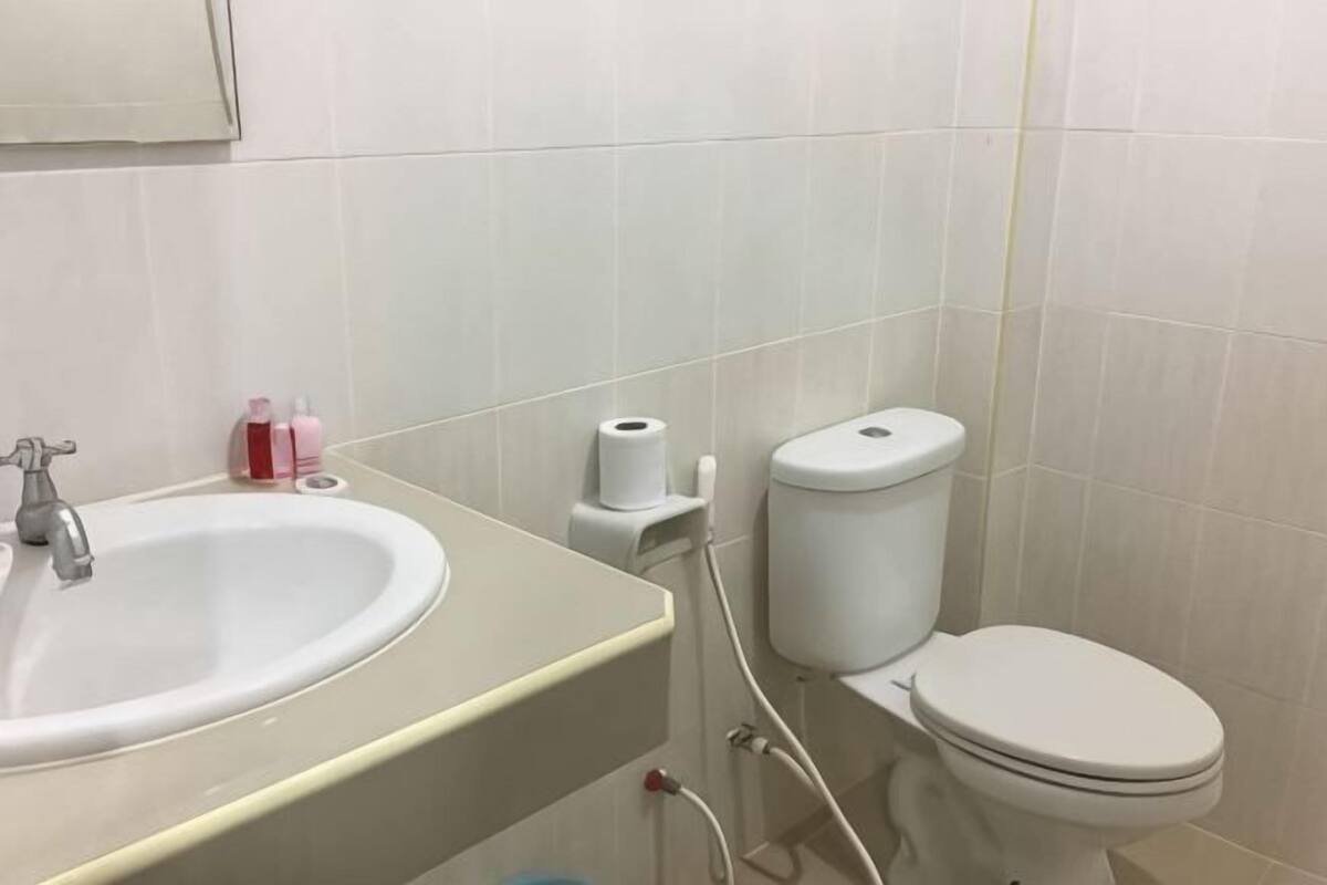 Een badkamer met een wastafel, toilet en toiletrolhouder.