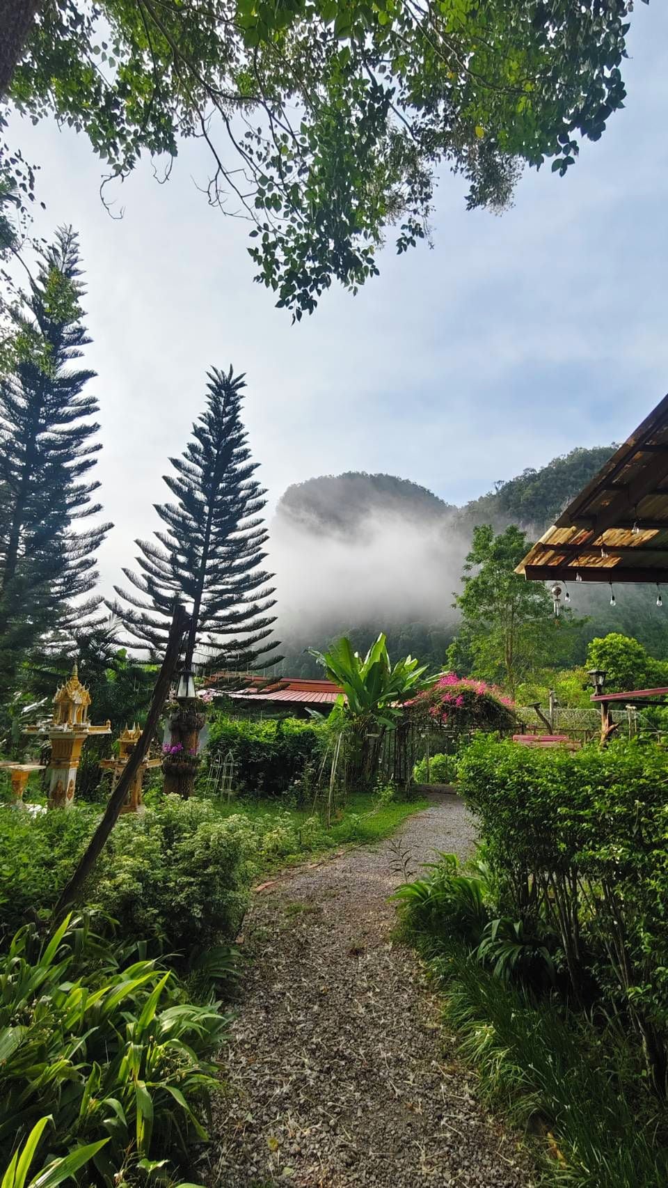 A garden pathway leading to a traditional building with a thatched roof, surrounded by lush greenery and a misty mountain backdrop.