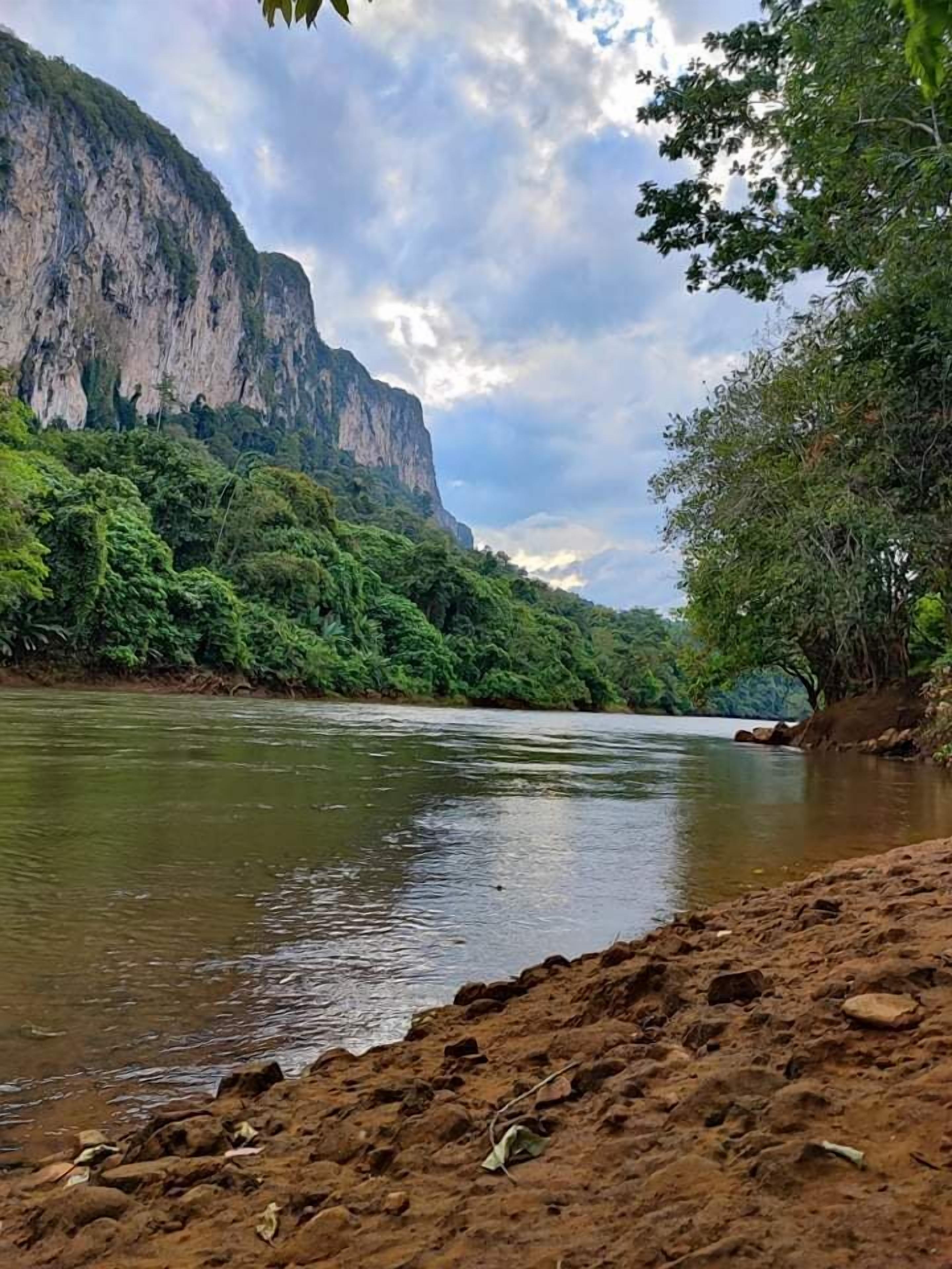 Ein Fluss mit felsigem Ufer und dichter Vegetation, darunter Bäume und eine Klippe.