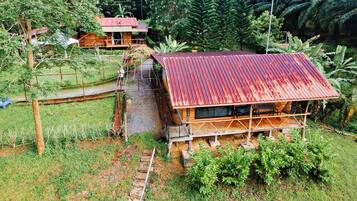 A rustic wooden house with a metal roof, surrounded by lush greenery and a small wooden deck.