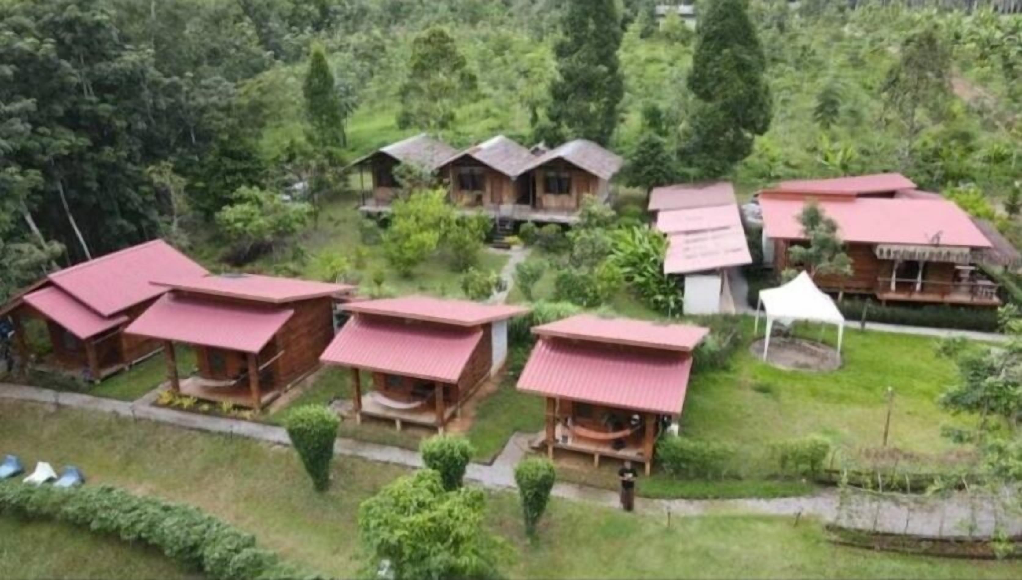 A cluster of wooden cabins with red roofs, surrounded by lush greenery and trees.