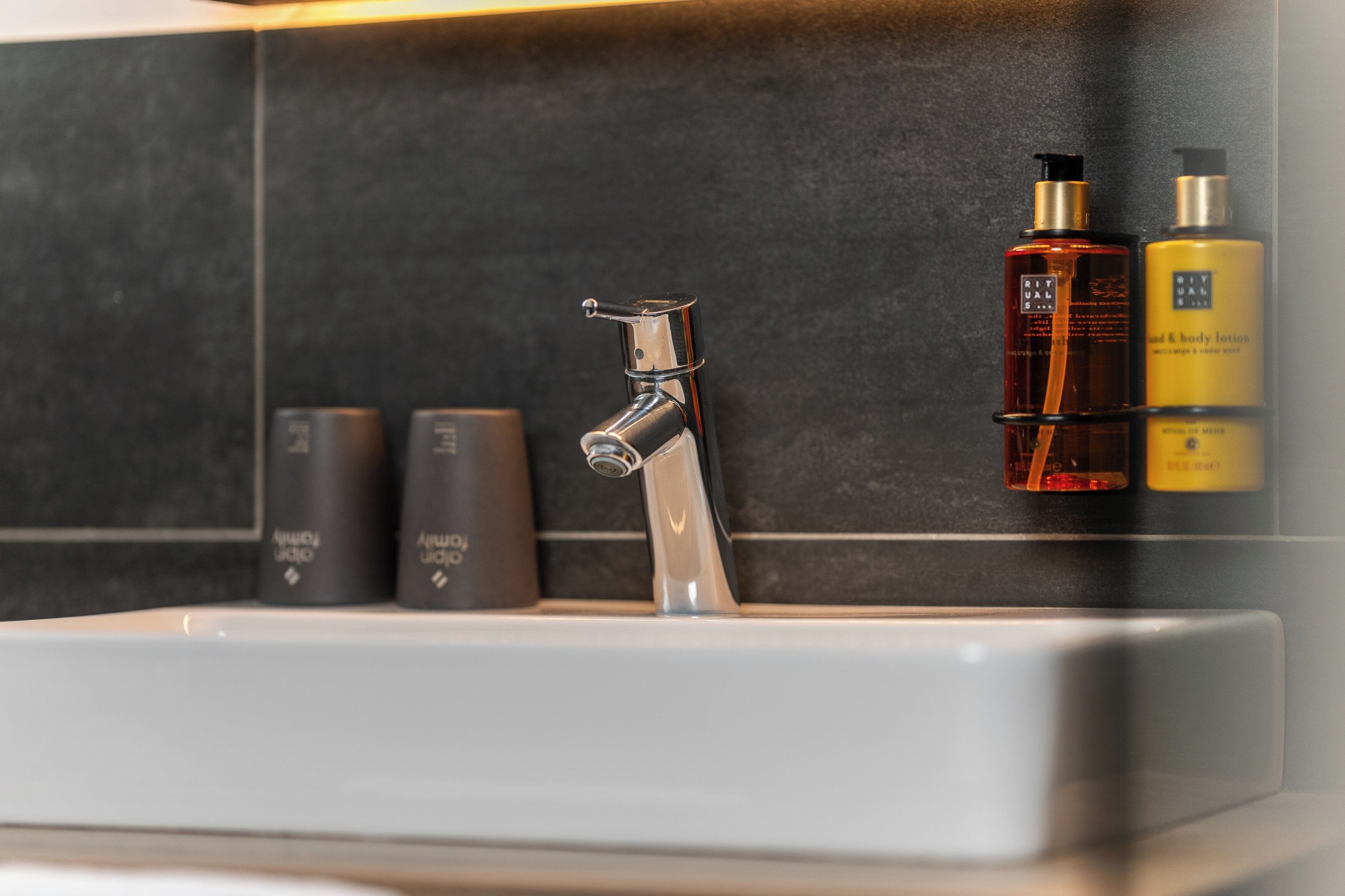 A modern bathroom with a sleek faucet, a white sink, and two bottles of body lotion on the wall.