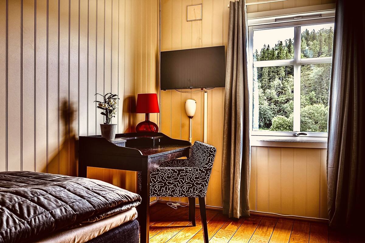 Een kamer met een bed, een bureau met lamp, een televisie en een raam met uitzicht op bomen.