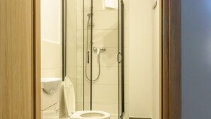 Un baño pequeño con inodoro, cabina de ducha y puerta de madera.