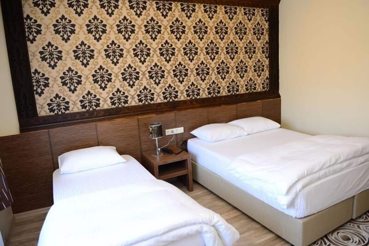 A hotel room with two beds, a wooden headboard, a nightstand with a lamp, and a patterned wallpaper.