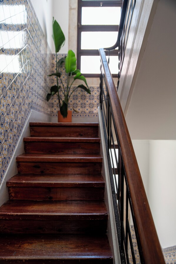 Una escalera de madera con barandilla de metal que lleva a una plataforma con una planta en maceta.