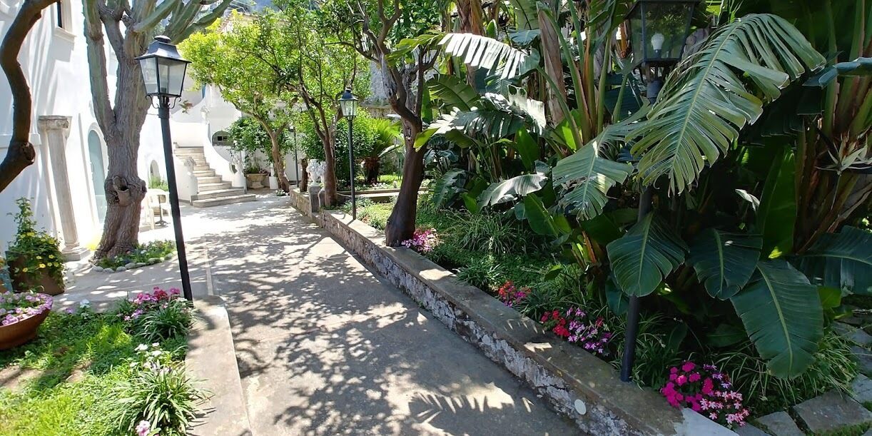 A narrow pathway flanked by lush greenery and flowering plants, leading to a building with white walls and arched doorways.