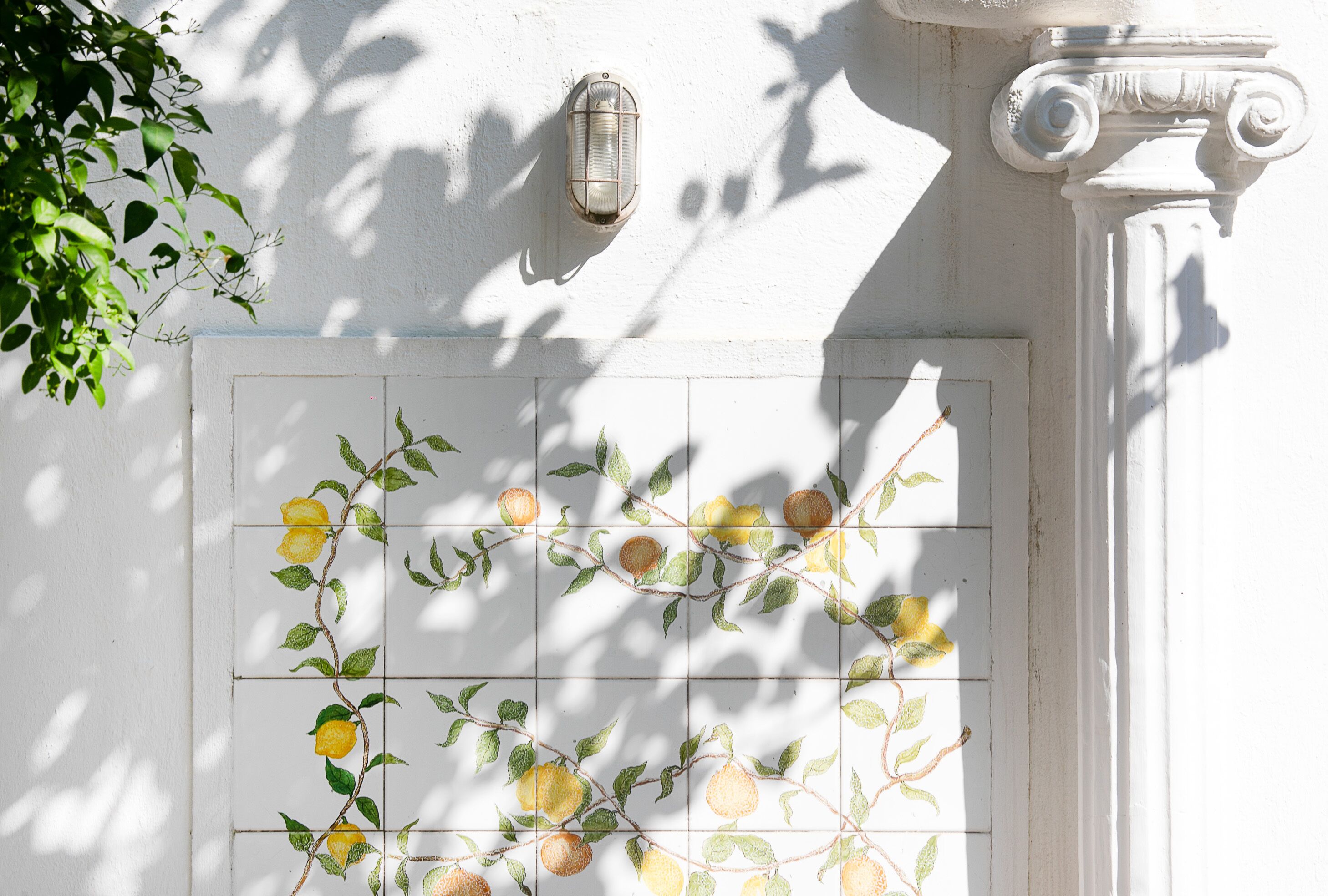 Un muro bianco decorato con un motivo di piastrelle raffigurante limoni e foglie.