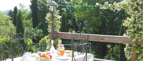 Mesa al aire libre preparada con comida y bebidas, rodeada de follaje y una cerca de madera.
